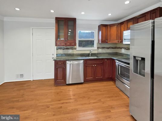 Interior, Kitchen, Recessed Lighting, Stainless Steel Appliances, Wood Texture Flooring