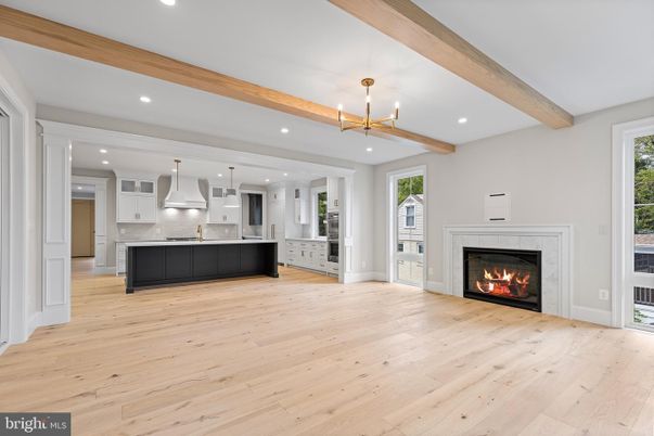 Fireplace, Interior, Kitchen, Pendant Lights, Recessed Lighting, Stainless Steel Appliances, Wooden Beams, Wood Texture Flooring