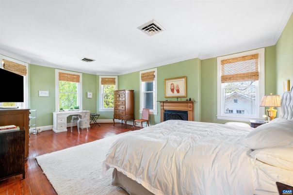 Bedroom, Fireplace, Interior, Wood Texture Flooring