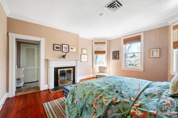 Bedroom, Fireplace, Interior, Wood Texture Flooring