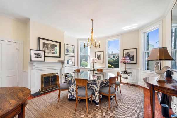 Chandelier, Dining room, Fireplace, Interior