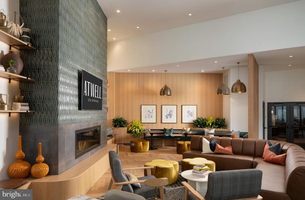 Dining room, Fireplace, Interior, Living room, Pendant Lights, Recessed Lighting, Wood Texture Flooring