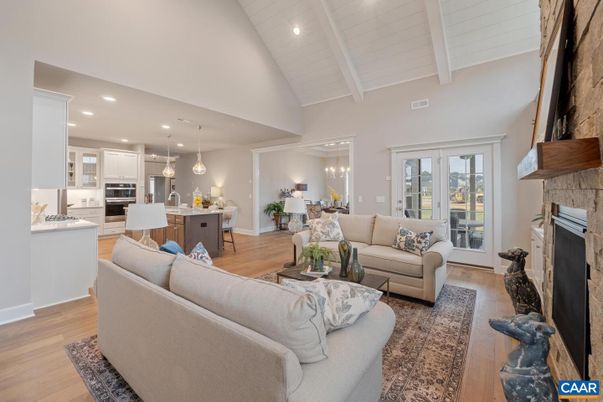 Dining room, Fireplace, Interior, Kitchen, Living room, Pendant Lights, Recessed Lighting, Stainless Steel Appliances, Wood Texture Flooring