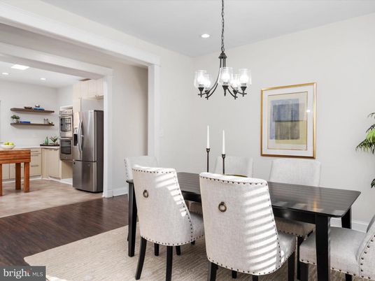 Chandelier, Dining room, Interior, Kitchen, Recessed Lighting, Stainless Steel Appliances, Wood Texture Flooring