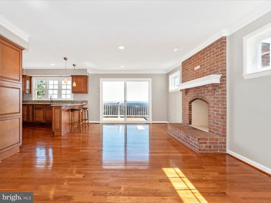 Fireplace, Interior, Kitchen, Pendant Lights, Recessed Lighting, Stone Walls, Wood Texture Flooring