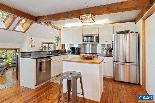 Interior, Kitchen, Pendant Lights, Stainless Steel Appliances, Wooden Beams, Wood Texture Flooring