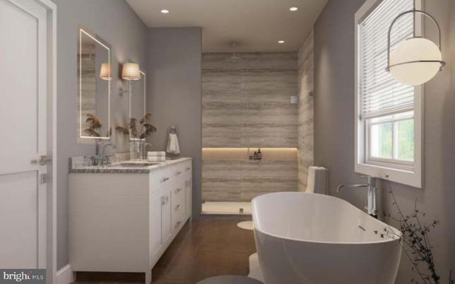 Bathroom, Dual Sink Vanities, Free Standing Baths, Glass Shower, Interior, Recessed Lighting, Wood Texture Flooring