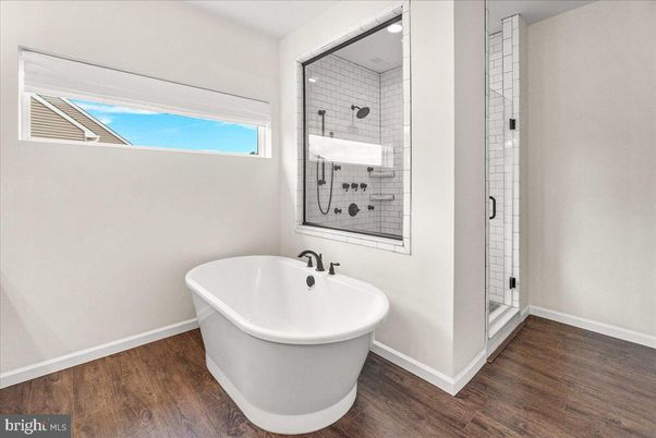 Bathroom, Free Standing Baths, Glass Shower, Interior, Wood Texture Flooring