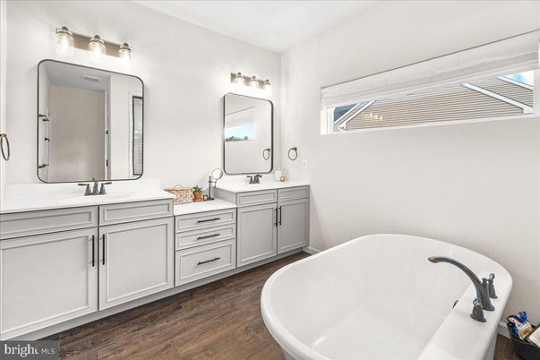 Bathroom, Dual Sink Vanities, Free Standing Baths, Interior, Wood Texture Flooring