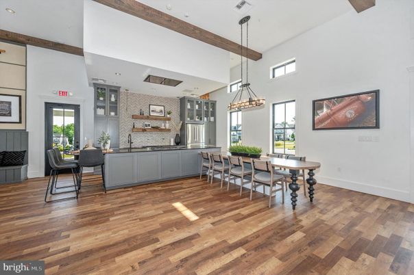 Dining room, Interior, Pendant Lights, Recessed Lighting, Wooden Beams, Wood Texture Flooring