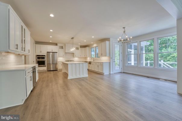 Chandelier, Interior, Kitchen, Pendant Lights, Recessed Lighting, Stainless Steel Appliances, Wood Texture Flooring