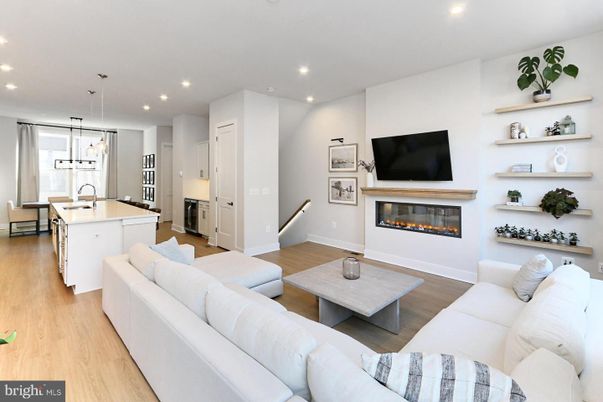 Fireplace, Interior, Kitchen, Living room, Pendant Lights, Recessed Lighting, Wood Texture Flooring