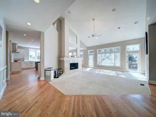 Empty room, Fireplace, Interior, Kitchen, Recessed Lighting, Wood Texture Flooring