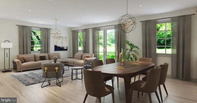 Chandelier, Dining room, Interior, Living room, Recessed Lighting, Wood Texture Flooring