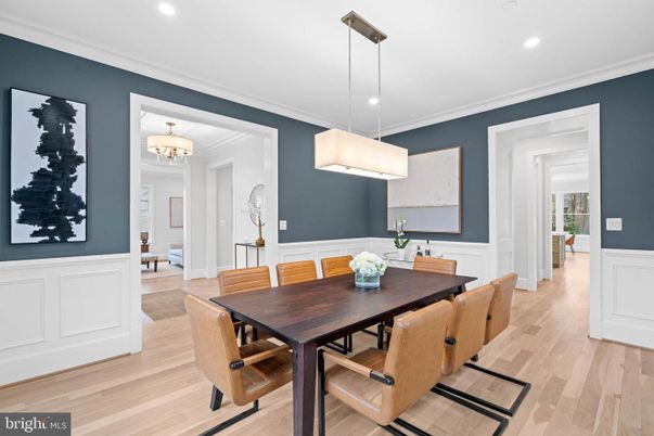 Dining room, Interior, Pendant Lights, Recessed Lighting, Wood Texture Flooring