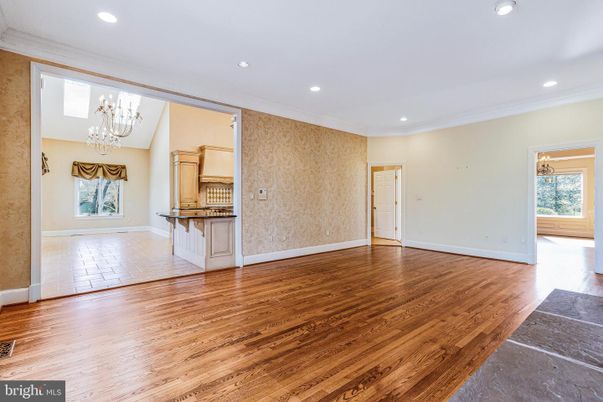 Chandelier, Empty room, Interior, Recessed Lighting, Wood Texture Flooring