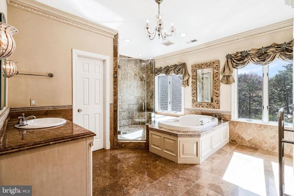 Bathroom, Chandelier, Dual Sink Vanities, Glass Shower, Interior, Recessed Lighting