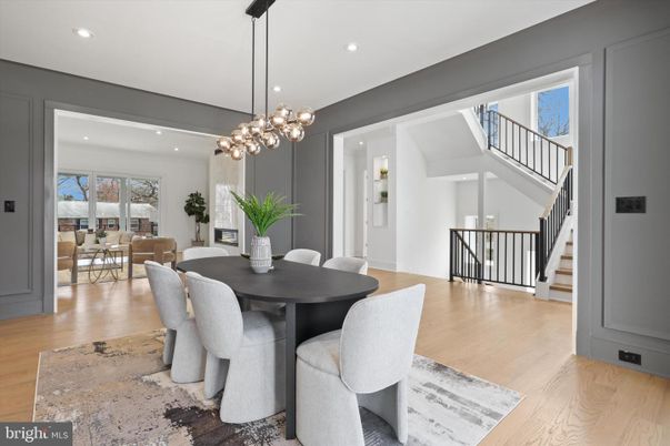 Dining room, Interior, Pendant Lights, Recessed Lighting, Wood Texture Flooring