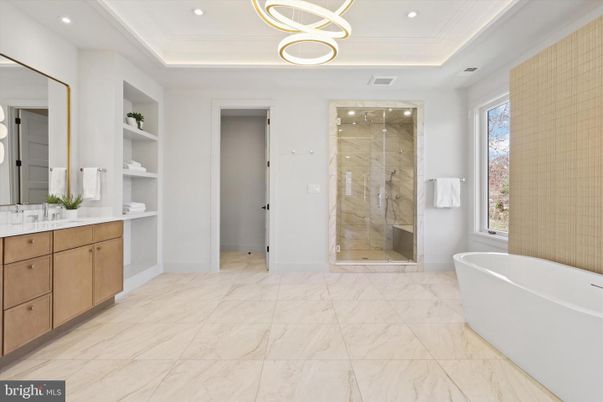 Bathroom, Free Standing Baths, Glass Shower, Interior, Marble, Marble Walls, Pendant Lights, Recessed Lighting