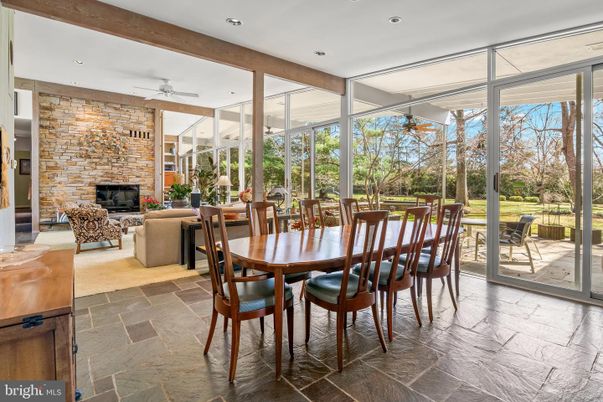 Dining room, Fireplace, Interior, Living room, Recessed Lighting, Stone Walls