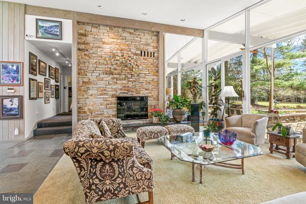 Fireplace, Interior, Living room, Recessed Lighting, Stone Walls