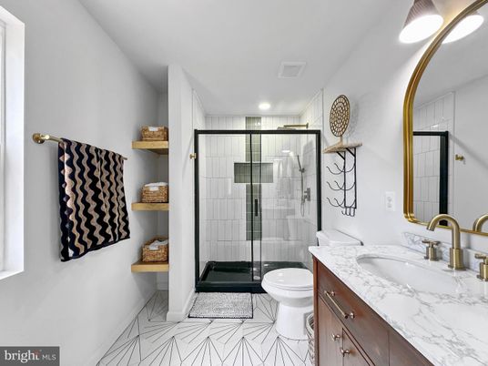 Bathroom, Dual Sink Vanities, Glass Shower, Interior, Marble, Recessed Lighting