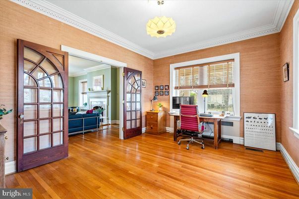 Fireplace, Home Office, Interior, Pendant Lights, Wood Texture Flooring, Wooden Walls