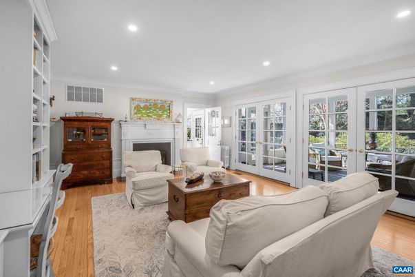 Fireplace, Interior, Living room, Recessed Lighting, Wood Texture Flooring
