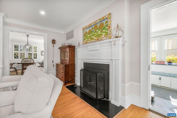 Dining room, Fireplace, Interior, Pendant Lights, Recessed Lighting, Wood Texture Flooring
