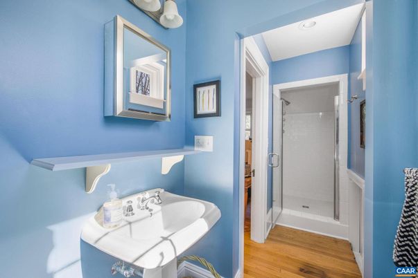 Bathroom, Glass Shower, Interior, Recessed Lighting, Wood Texture Flooring