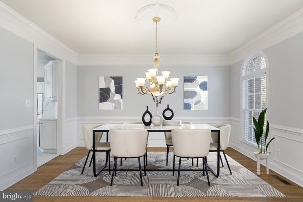 Chandelier, Dining room, Interior, Wood Texture Flooring