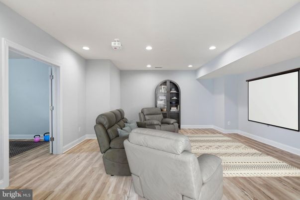 Interior, Projection Screen, Recessed Lighting, Wood Texture Flooring