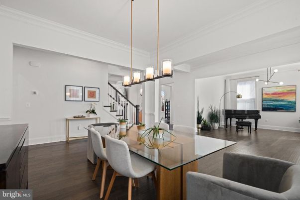 Dining room, Interior, Pendant Lights, Piano, Wood Texture Flooring
