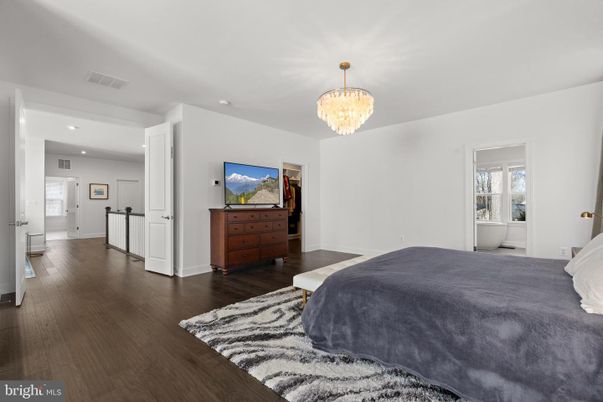 Bedroom, Chandelier, Interior, Recessed Lighting, Wood Texture Flooring