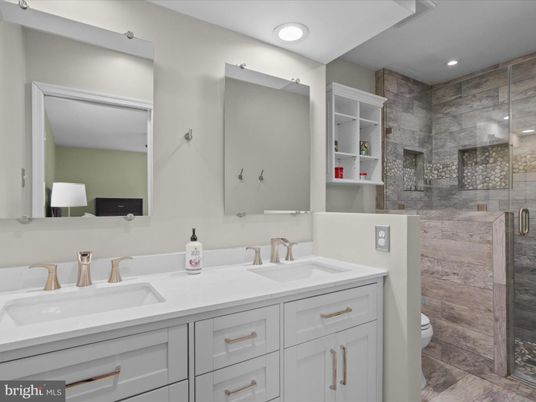 Bathroom, Dual Sink Vanities, Glass Shower, Interior, Recessed Lighting