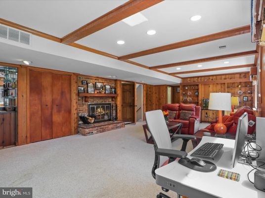 Fireplace, Home Office, Interior, Living room, Recessed Lighting, Wooden Beams, Wooden Walls