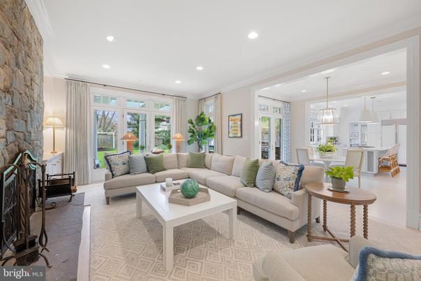 Dining room, Fireplace, Interior, Living room, Pendant Lights, Recessed Lighting, Stone Walls