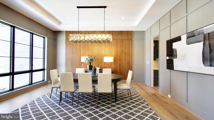 Chandelier, Dining room, Interior, Recessed Lighting, Wood Texture Flooring