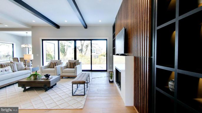 Chandelier, Fireplace, Interior, Living room, Recessed Lighting, Wooden Beams, Wood Texture Flooring