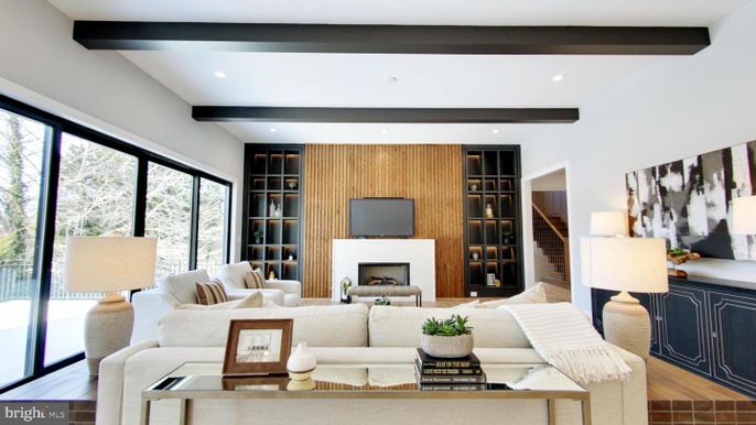 Fireplace, Interior, Living room, Recessed Lighting, Wooden Beams, Wood Texture Flooring