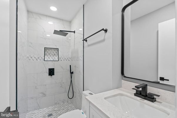 Bathroom, Glass Shower, Interior, Marble Walls, Recessed Lighting