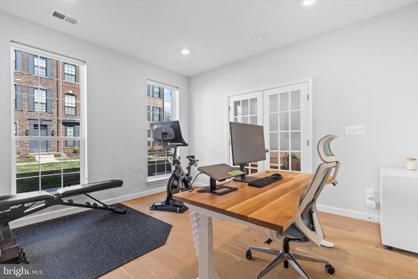 Fitness Equipment, Home Office, Interior, Recessed Lighting, Wood Texture Flooring