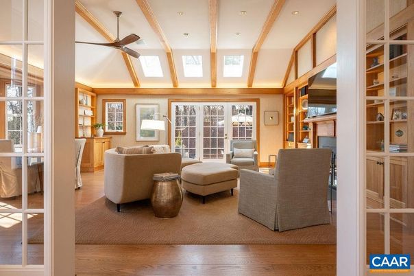 Fireplace, Interior, Living room, Recessed Lighting, Wooden Beams, Wood Texture Flooring