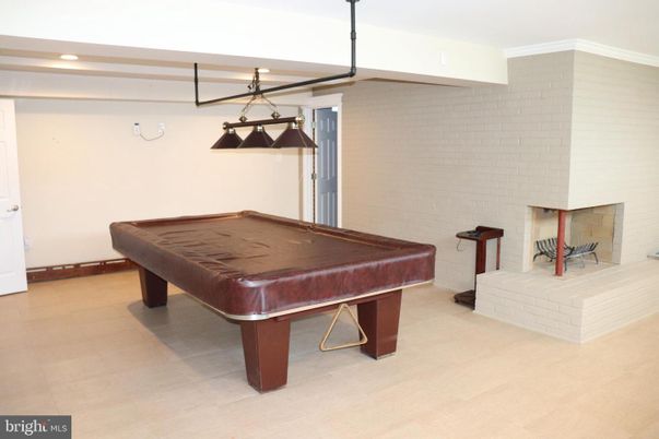 Billiard Table, Fireplace, Game Room, Interior, Pendant Lights, Recessed Lighting, Stone Walls