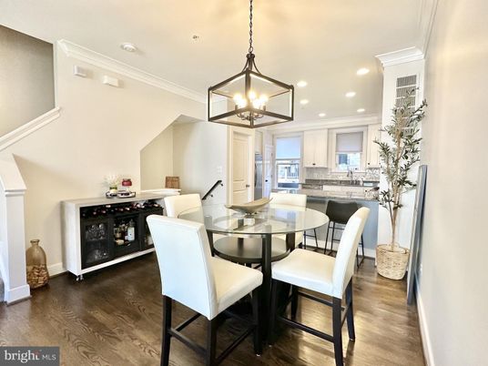 Dining room, Interior, Pendant Lights, Recessed Lighting, Wood Texture Flooring