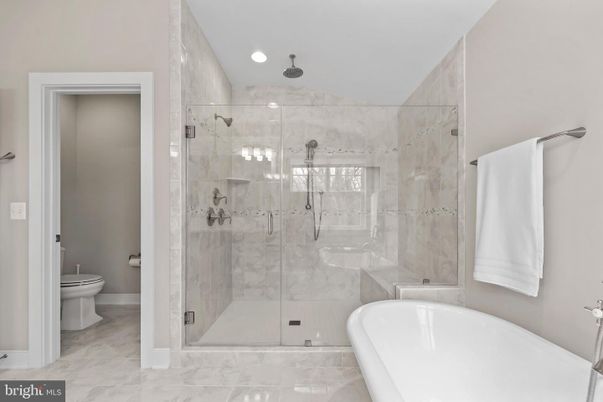 Bathroom, Glass Shower, Interior, Marble, Marble Walls, Recessed Lighting