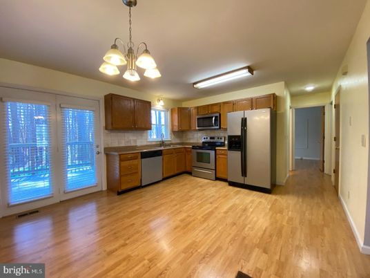 Chandelier, Interior, Kitchen, Pendant Lights, Stainless Steel Appliances, Wood Texture Flooring