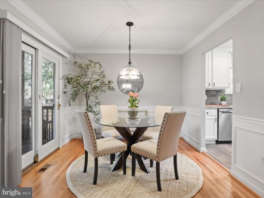 Dining room, Interior, Pendant Lights, Wood Texture Flooring