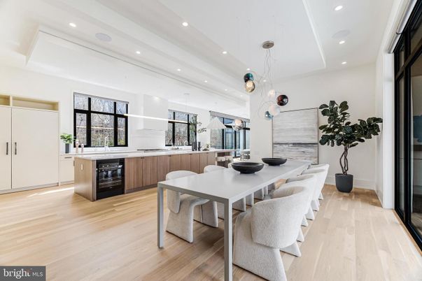 Dining room, Interior, Kitchen, Pendant Lights, Recessed Lighting, Wood Texture Flooring
