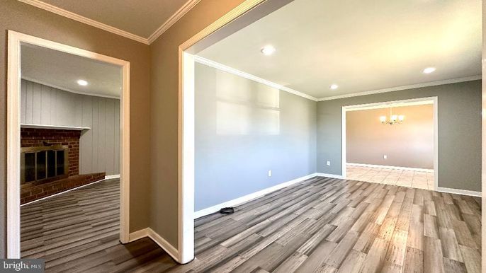 Empty room, Fireplace, Interior, Recessed Lighting, Wood Texture Flooring